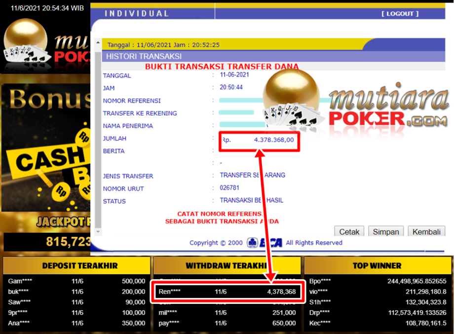 BUKTI TRANSFER 4.3 JUTA MEMBER BANDAR Q