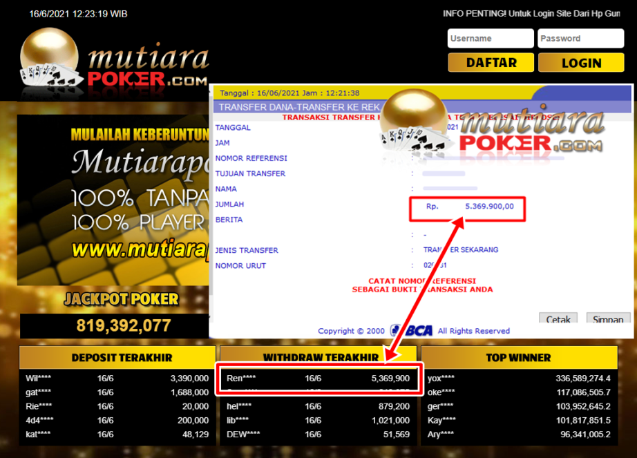 BUKTI TRANSFER 5.3 JUTA MEMBER BANDAR Q