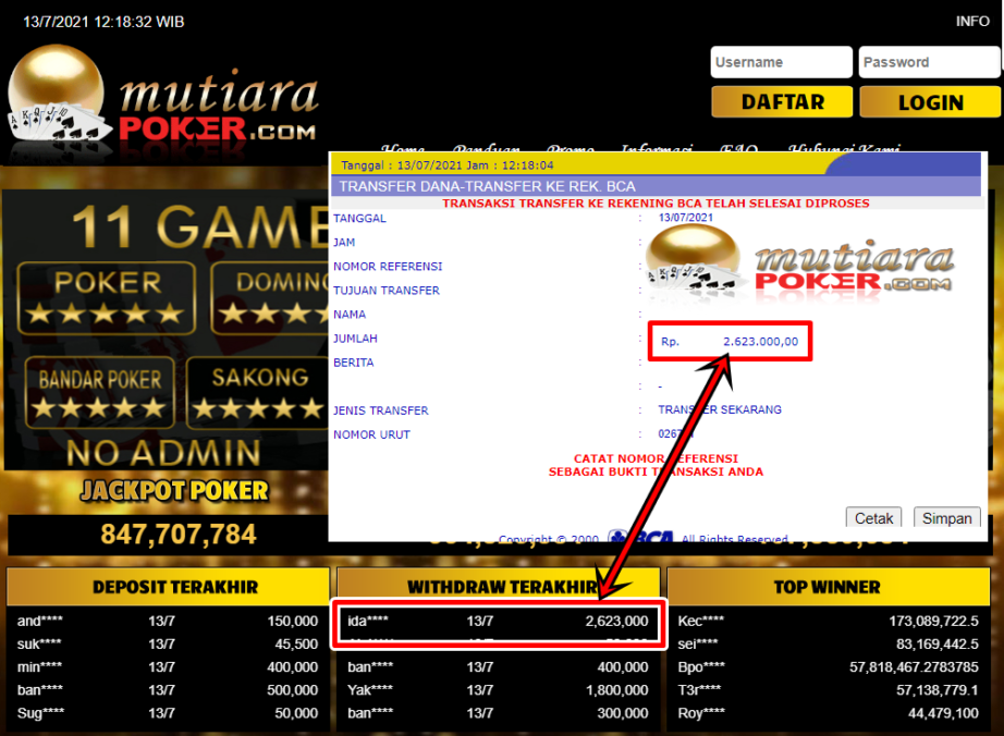 BUKTI TRANSFER 2.6 JUTA MEMBER BANDAR Q