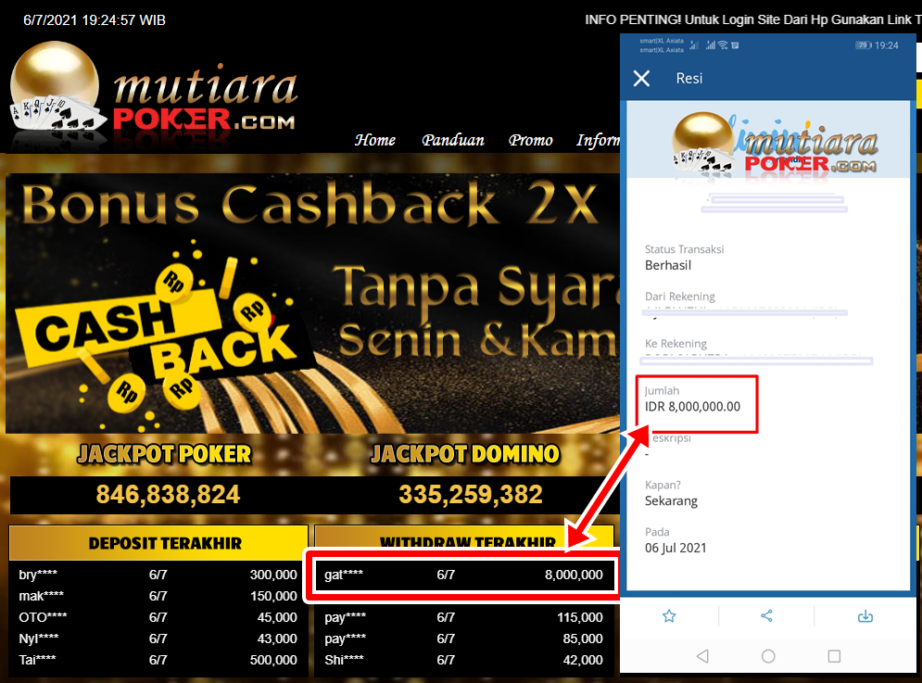 BUKTI TRANSFER 8 JUTA MEMBER BANDAR Q