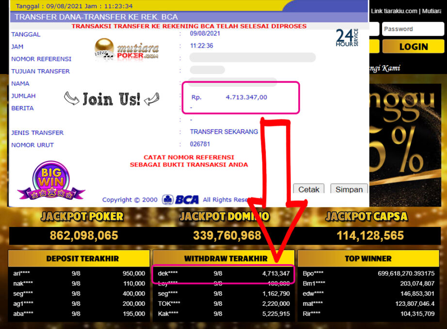 BUKTI TRANSFER 4.7 JUTA MEMBER BANDAR Q