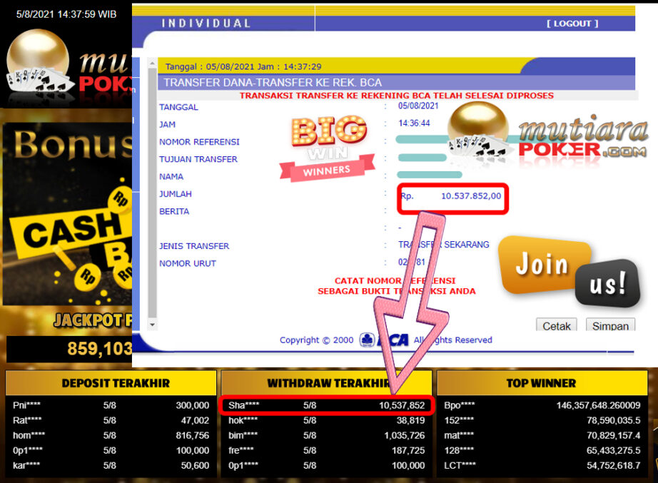 BUKTI TRANSFER 10.5 JUTA MEMBER BANDAR Q