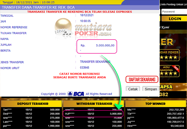 Bukti Withdraw ( 5.000.000 ) Member Setia Mutiarapoker