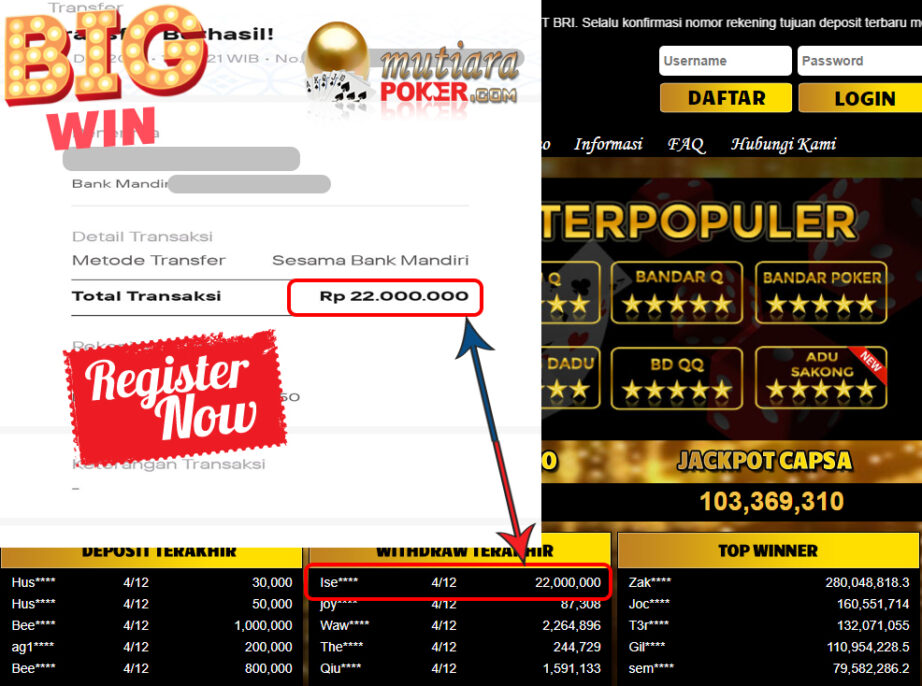 Bukti Withdraw (22.000.000) Member Setia Mutiarapoker