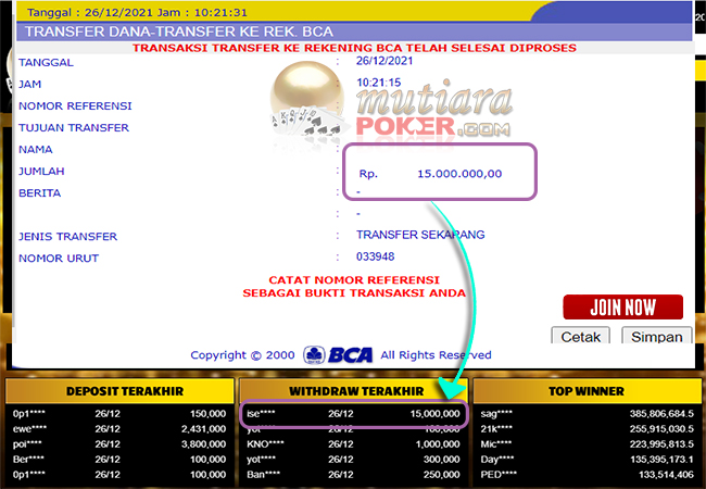 Bukti Withdraw ( 15.000.000 ) Member Setia Mutiarapoker