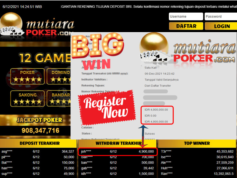 Bukti Withdraw ( 4.900.000 ) Member Setia Mutiarapoker