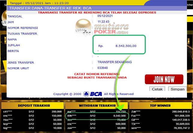 Bukti Withdraw ( 8.542.500 ) Member Setia Mutiarapoker