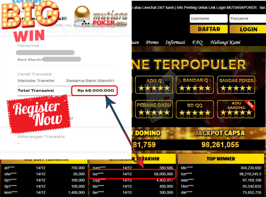 Bukti Withdraw (68.000.000 ) Member Setia Mutiarapoker