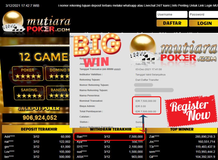 Bukti Withdraw (7.500.000) Member Setia Mutiarapoker