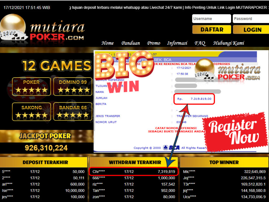 Bukti Withdraw (7.319.819 ) Member Setia Mutiarapoker