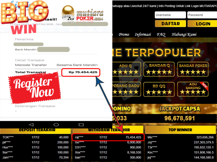 Bukti Withdraw (75.454.425 ) Member Setia Mutiarapoker