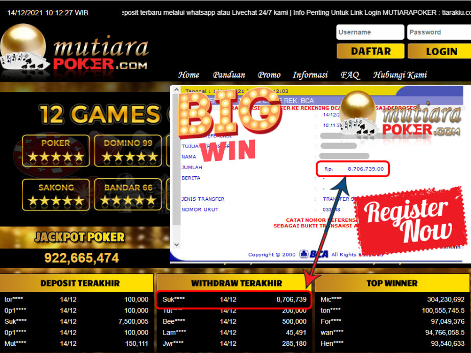 Bukti Withdraw ( 8.706.739) Member Setia Mutiarapoker