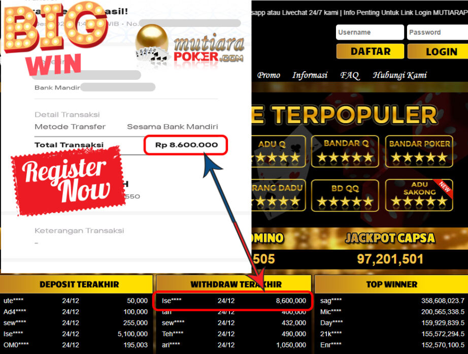 Bukti Withdraw ( 8.600.000 ) Member Setia Mutiarapoker