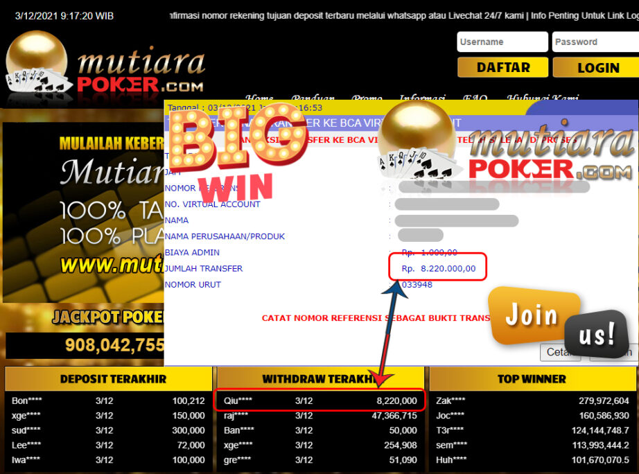 Bukti Withdraw (8.220.000) Member Setia Mutiarapoker