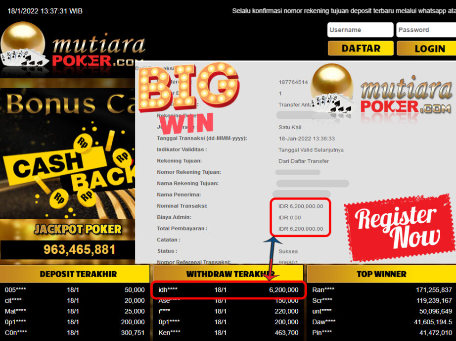 Bukti Withdraw (6.200.000) Member Setia Mutiarapoker