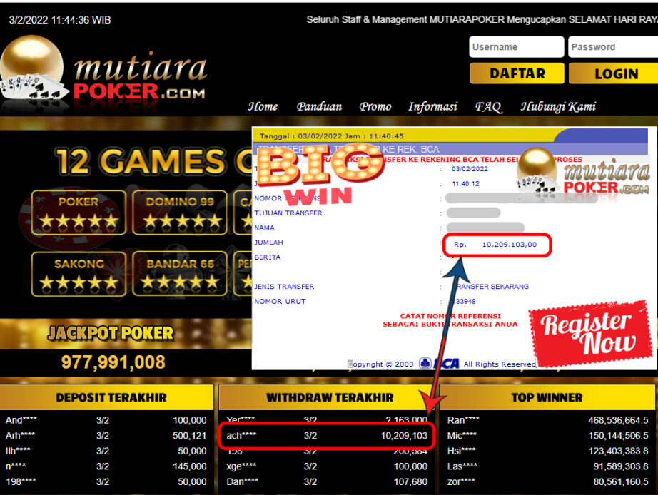 Bukti Withdraw (10.209.103) Member Setia Mutiarapoker