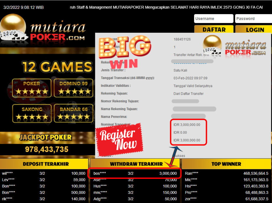 Bukti Withdraw (3.000.000) Member Setia Mutiarapoker