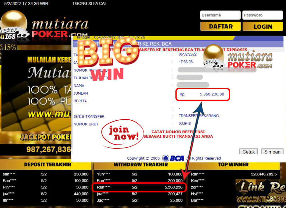 Bukti Withdraw (5.360.236) Member Setia Mutiarapoker