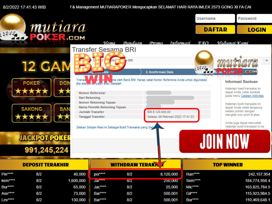 ukti Withdraw ( 8.120.000,- ) Member Setia Mutiarapoker