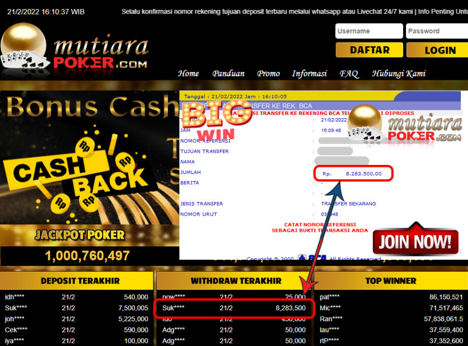 Bukti Withdraw ( 8.283.500,- ) Member Setia Mutia