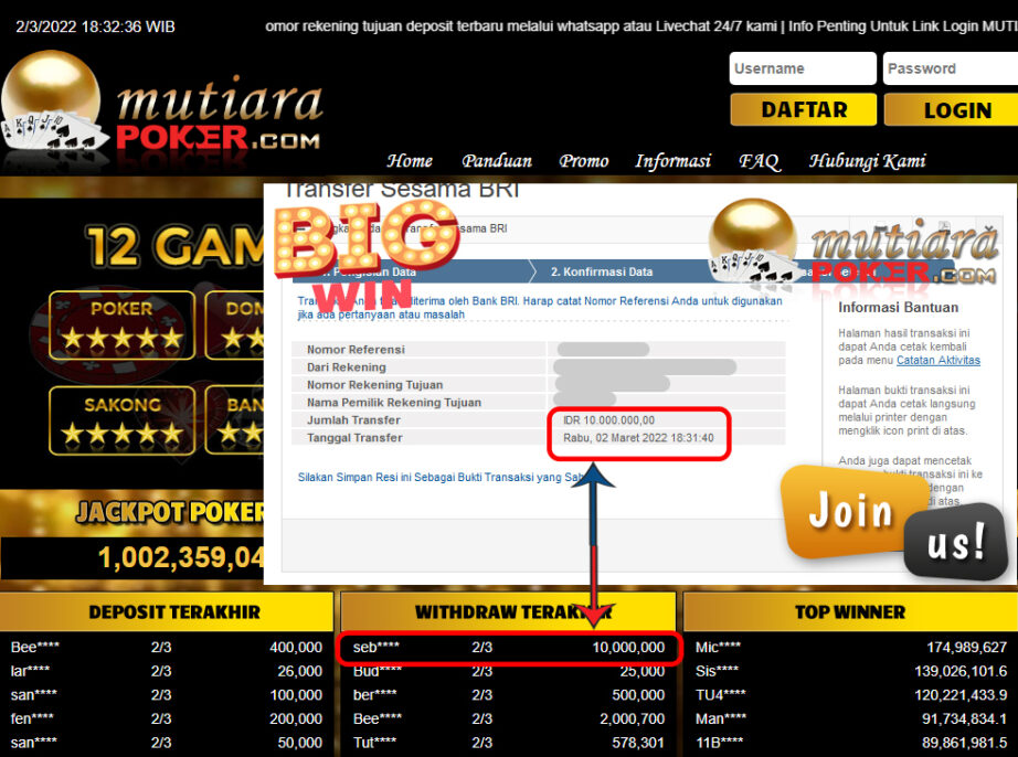 Bukti Withdraw ( 10.000.000.- ) Member Setia Mutia