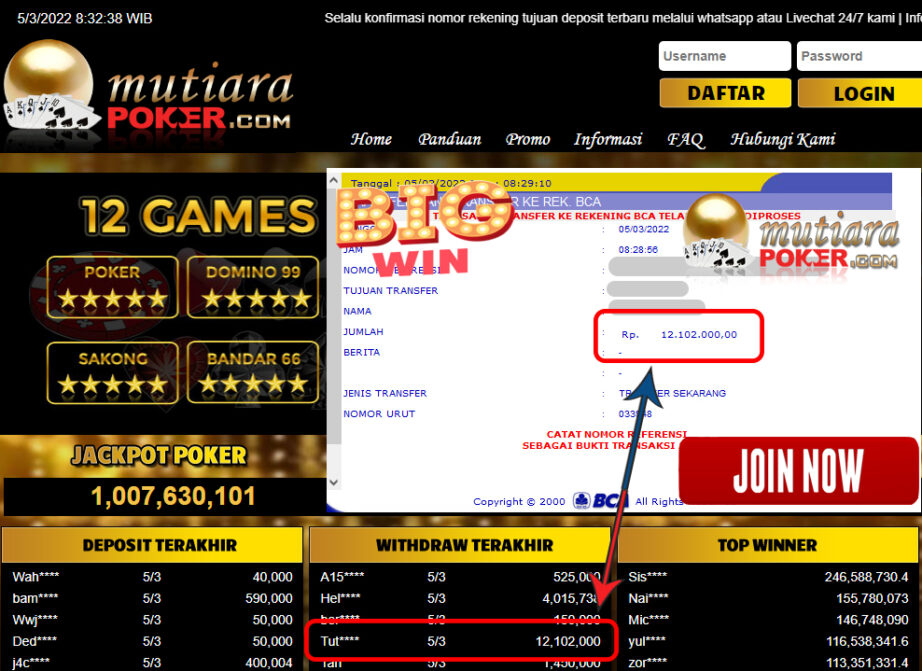 Bukti Withdraw ( 12.102.000.- ) Member Setia Mutia