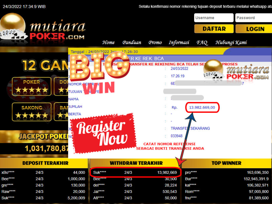 Bukti Withdraw ( 13.982.669.- ) Member Setia Mutia