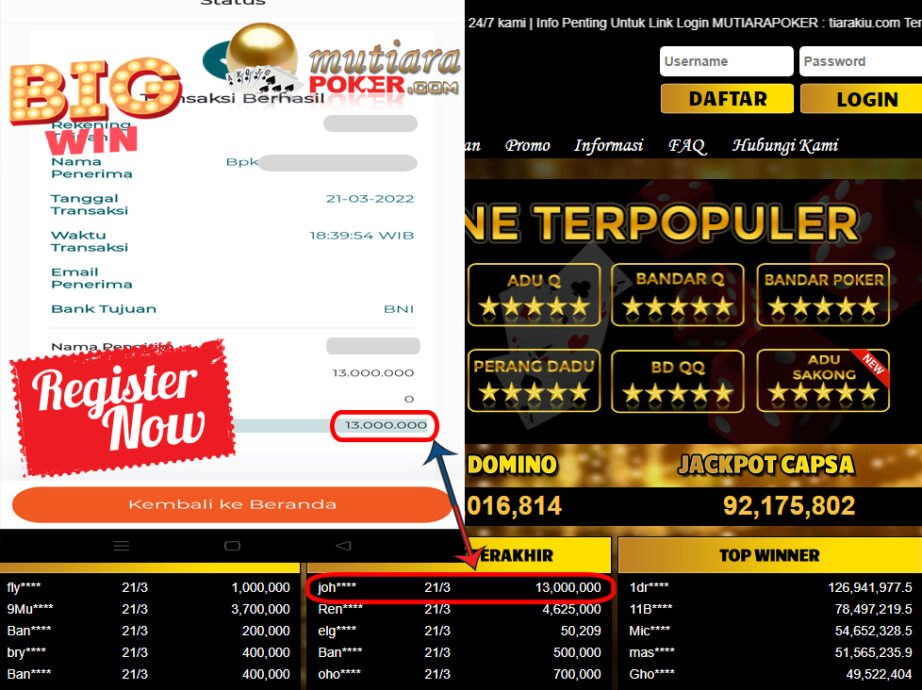 Bukti Withdraw ( 13.000.000.- ) Member Setia Mutia