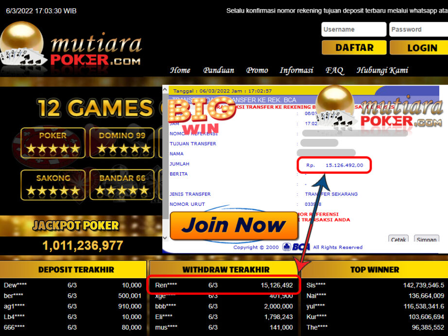 Bukti Withdraw ( 15.126.492.- ) Member Setia Mutia