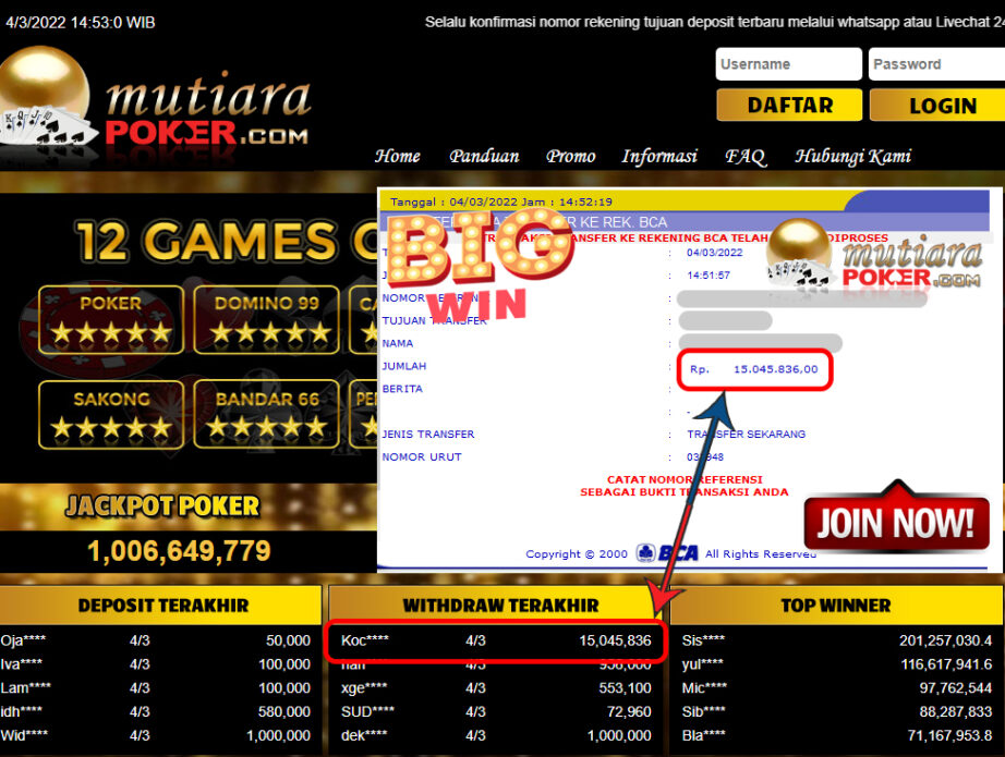 Bukti Withdraw ( 15.045.836.- ) Member Setia Mutia