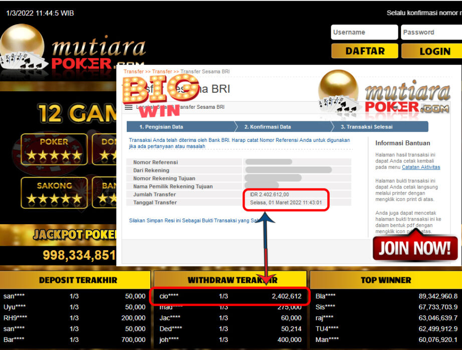 Bukti Withdraw ( 2.402.612.- ) Member Setia Mutia