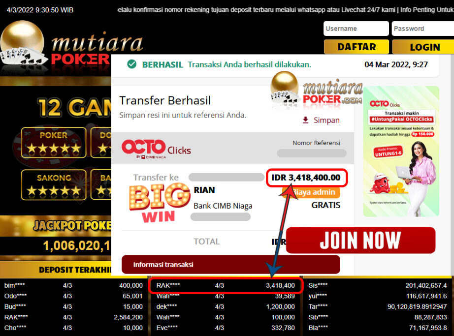 Bukti Withdraw ( 3.418.400.- ) Member Setia Mutia