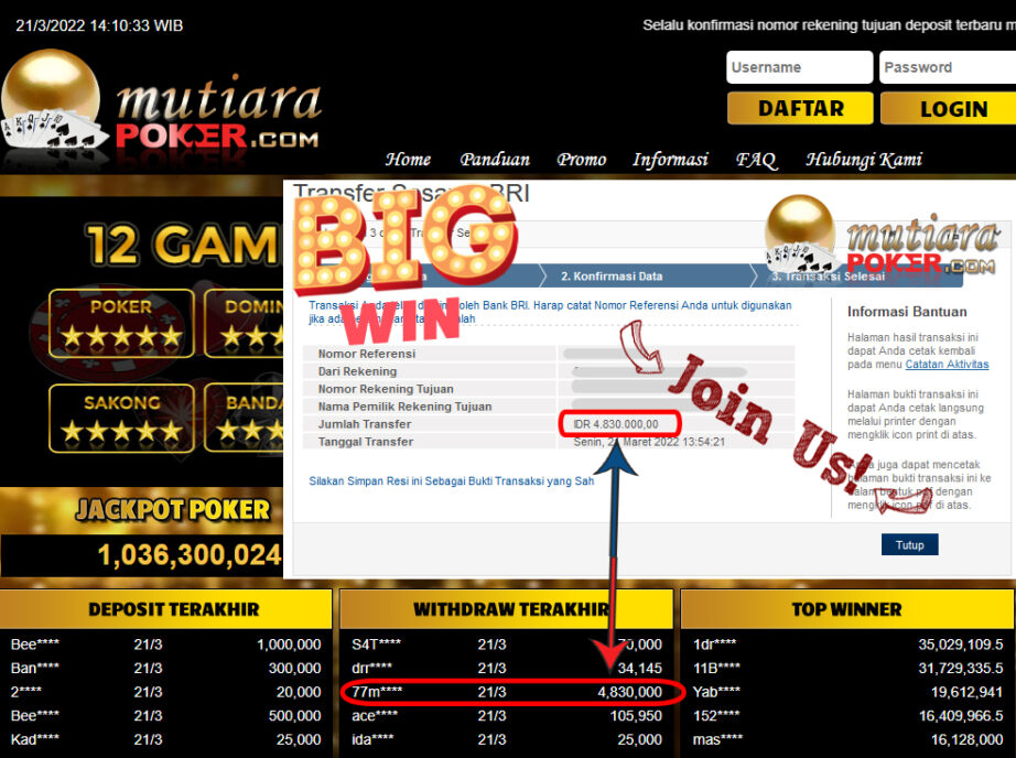 Bukti Withdraw ( 4.830.000.- ) Member Setia Mutia