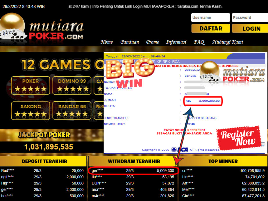 Bukti Withdraw ( 5.009.300.- ) Member Setia Mutia