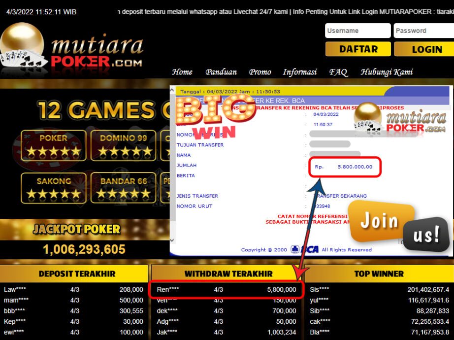 Bukti Withdraw ( 5.800.000.- ) Member Setia Mutia