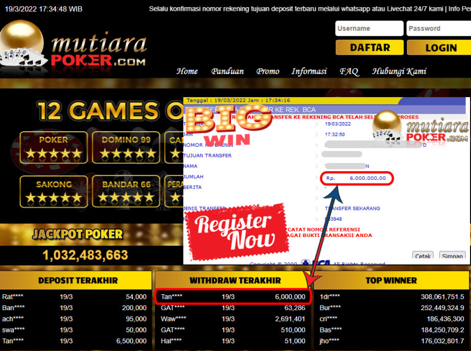 Bukti Withdraw ( 6.000.000- ) Member Setia Mutia