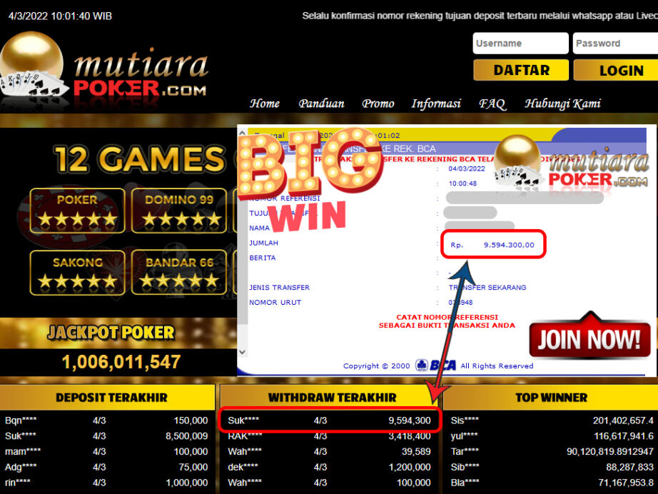 Bukti Withdraw ( 9.594.300.- ) Member Setia Mutia