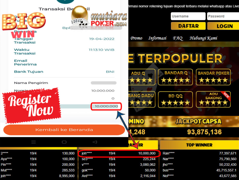 Bukti Withdraw ( 10.000.000.- ) Member Setia Mutia