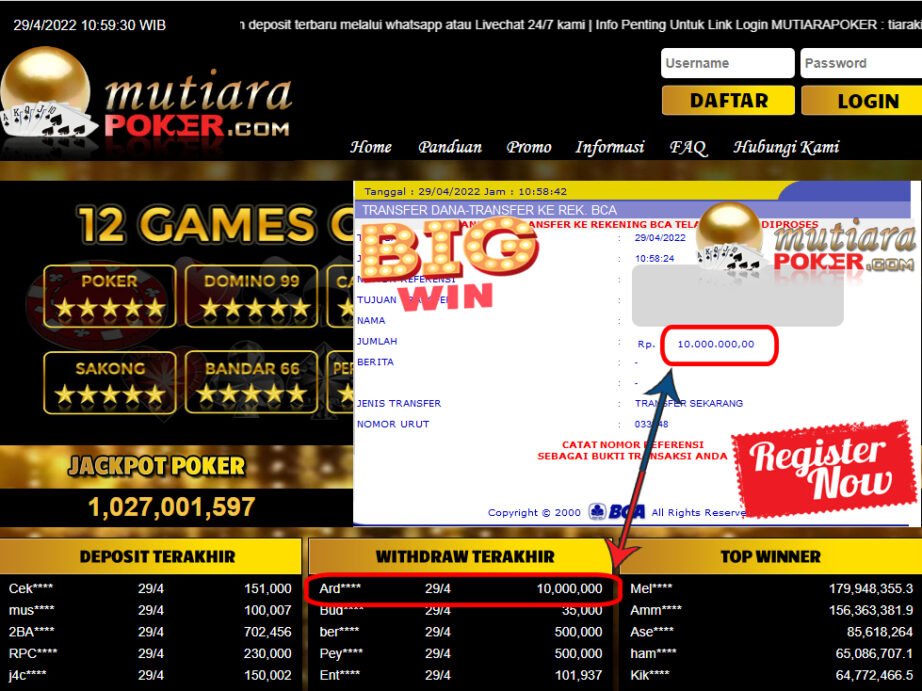 Bukti Withdraw ( 10.000.000.- ) Member Setia Mutiarapoker