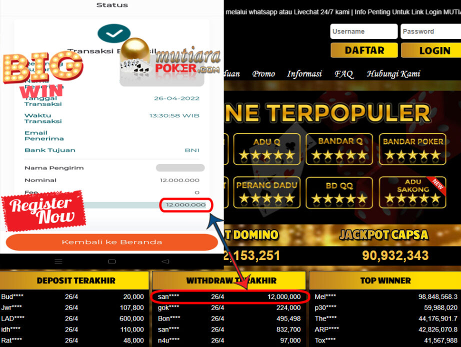 Bukti Withdraw ( 12.000.000.- ) Member Setia Mutia