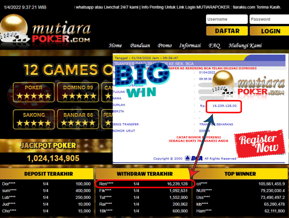 Bukti Withdraw ( 16.239.128.- ) Member Setia Mutia