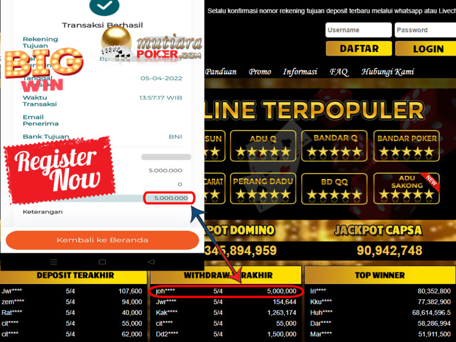 Bukti Withdraw ( 5.000.000.- ) Member Setia Mutia