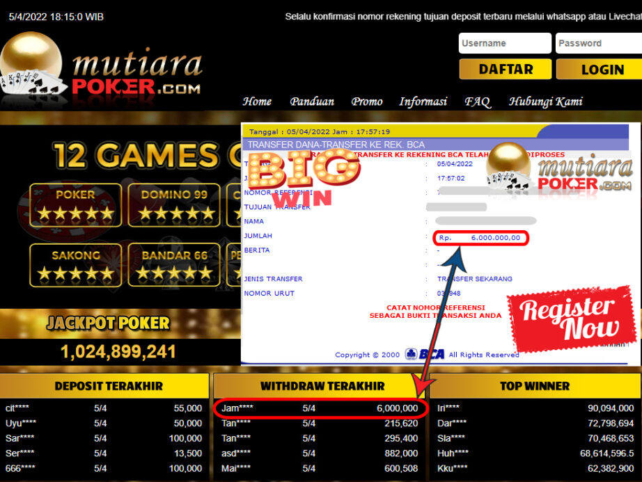 Bukti Withdraw ( 6.000.000.- ) Member Setia Mutia