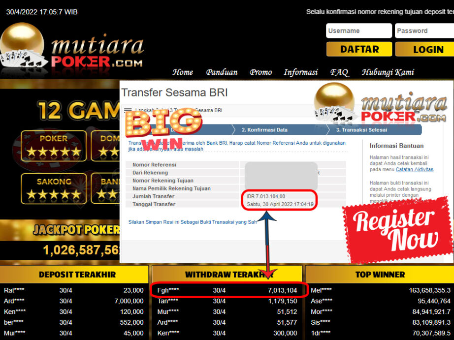 Bukti Withdraw ( 7.013.104.- ) Member Setia Mutiarapoker