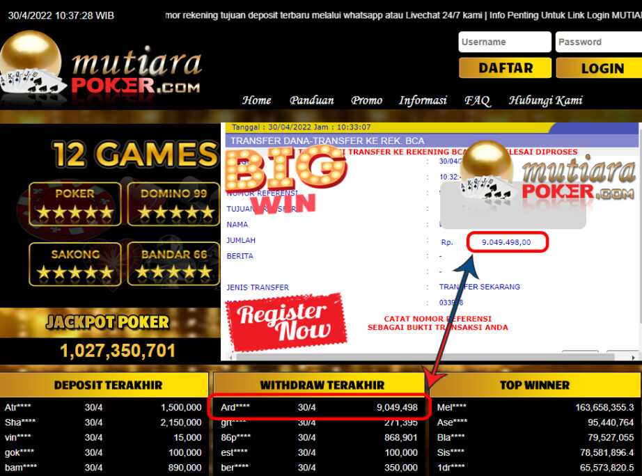 Bukti Withdraw ( 9.049.498.- ) Member Setia Mutiarapoker