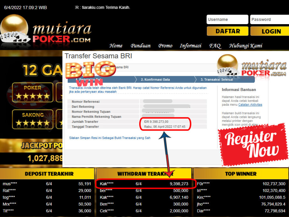 Bukti Withdraw ( 9.398.273.- ) Member Setia Mutia