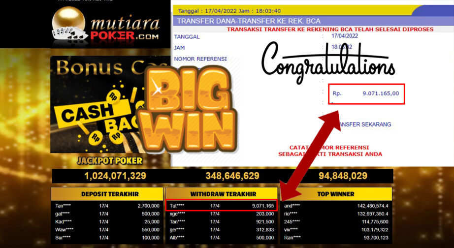 Bukti Withdraw ( 9.071.165.- ) Member Setia Mutia