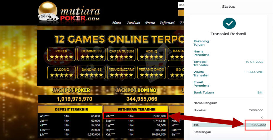 Bukti Withdraw ( 7.600.000.- ) Member Setia Mutia