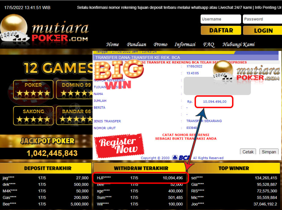 Bukti Withdraw ( 10.094.496.- ) Member Setia Mutiarapoker