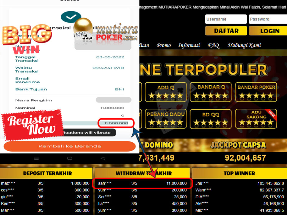 Bukti Withdraw ( 11.000.000.- ) Member Setia Mutiarapoker